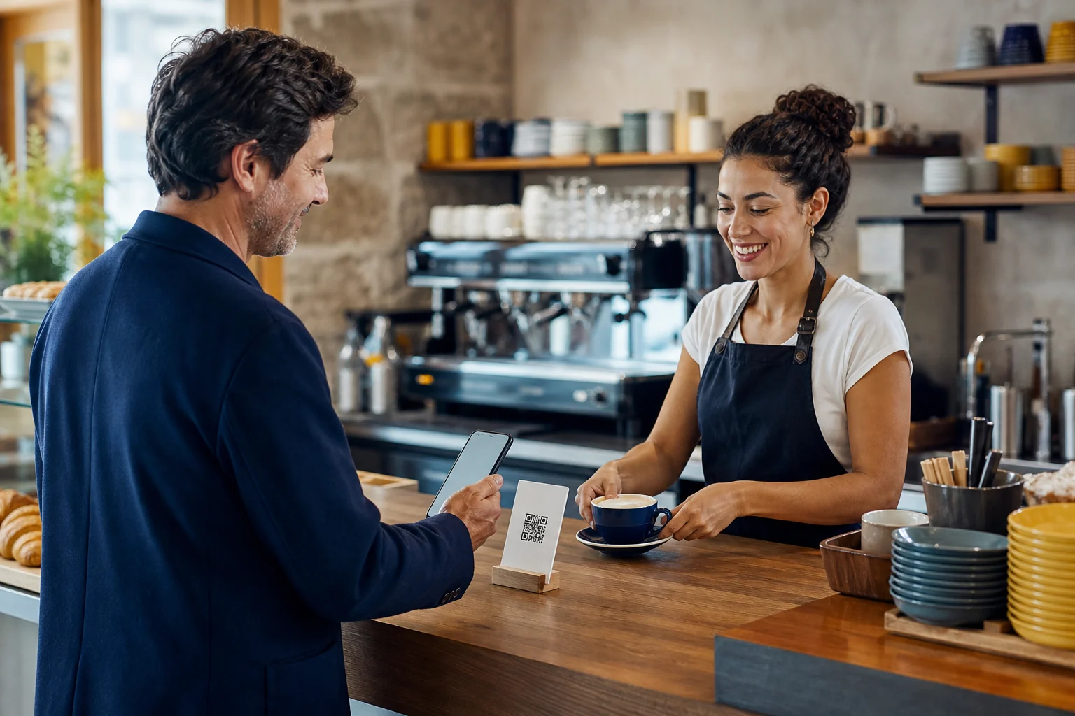 Cliente a utilizar um cartão de fidelização digital num café