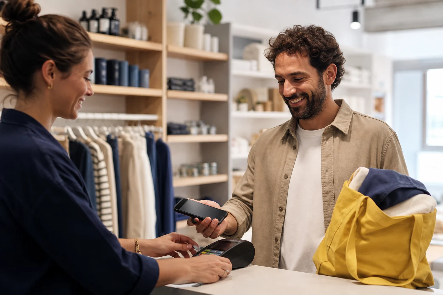 Cliente a utilizar um cartão de fidelização digital numa loja de retalho