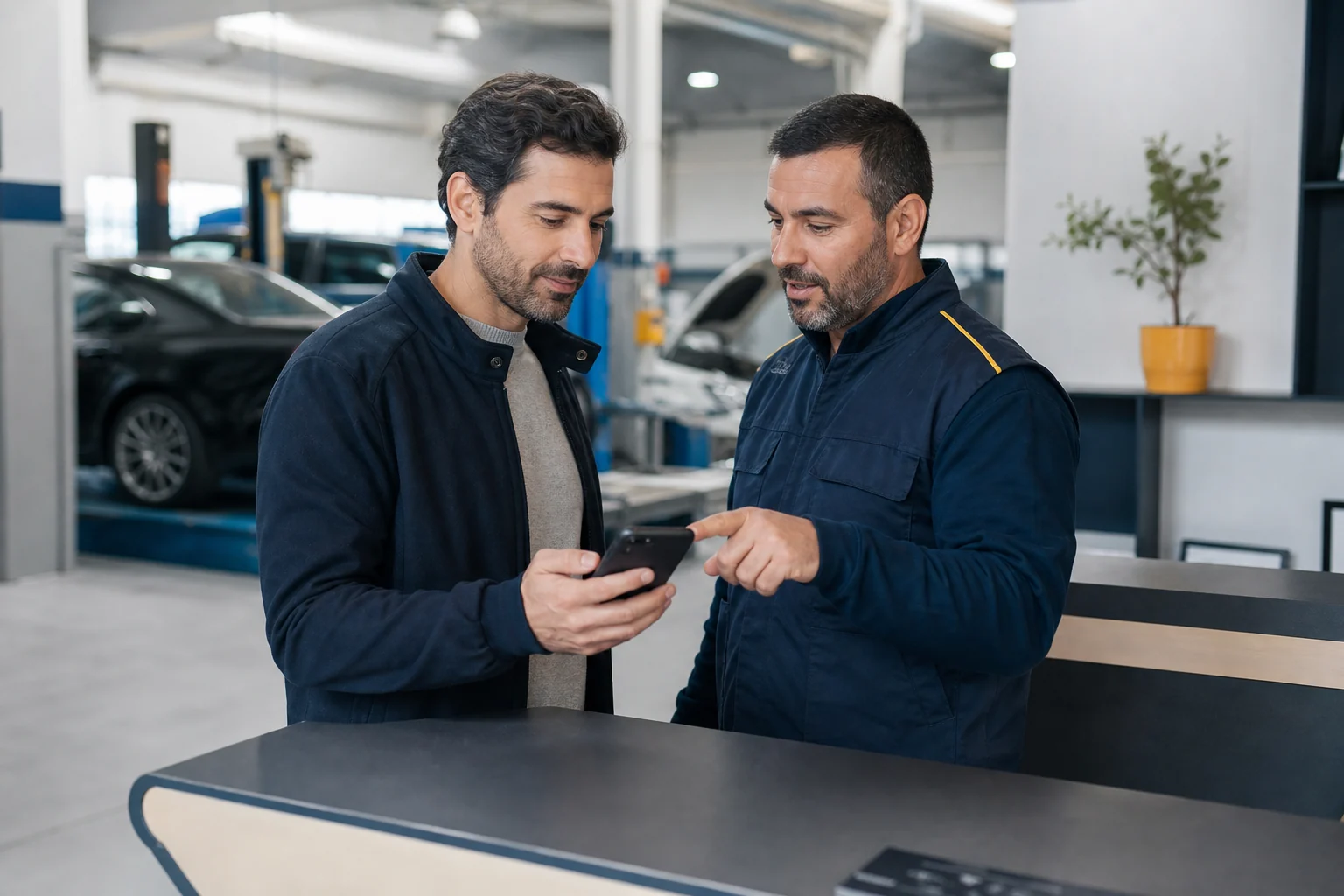 Cliente a consultar um cartão de fidelização digital numa oficina automóvel